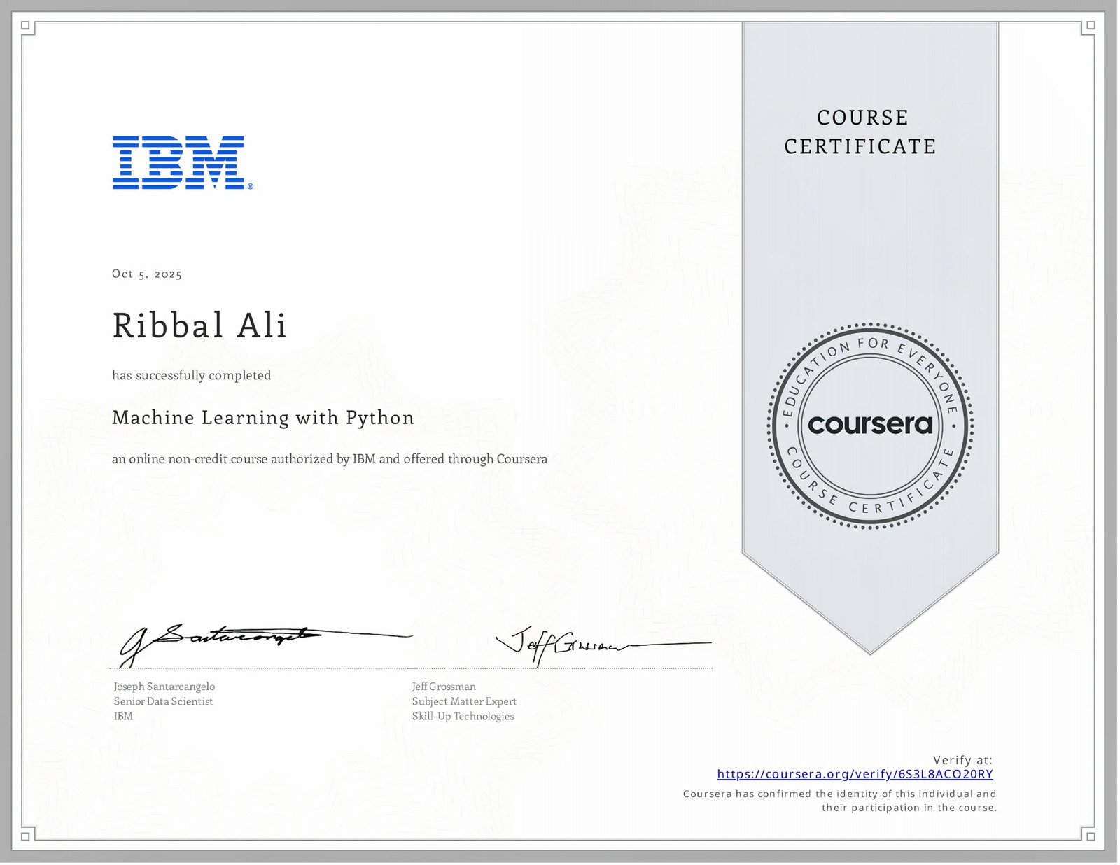 Machine Learning with Python Certificate